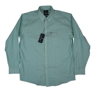 Stafford Button Down Dress Shirt 17 36-37 Green Striped Wrinkle Free Oxford